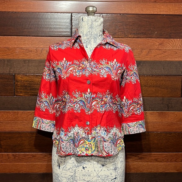Foxcroft Tops - FoxCroft Collared 3/4 Sleeve Button Down Red Floral Blouse